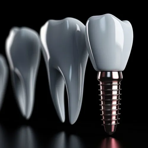 3D render of dental implant beside natural teeth on black background.